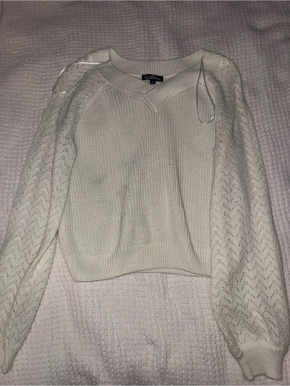 Freshman Cream V-Neck Knit Sweater with Patterned Sleeves